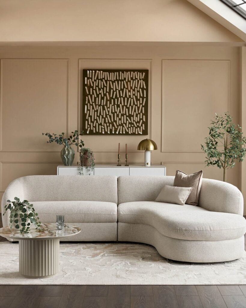 Ottilie natural fabric right hand corner chaise sofa – Dusk England Front