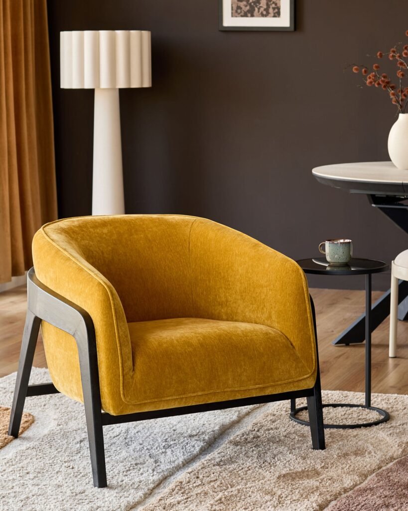 Palmer ochre fabric occasional chair – Dusk England Front