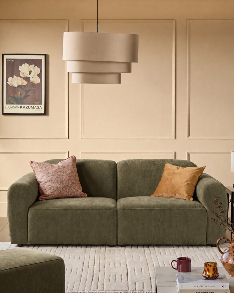 Penny dark green fabric 3 seater sofa – Dusk England Front