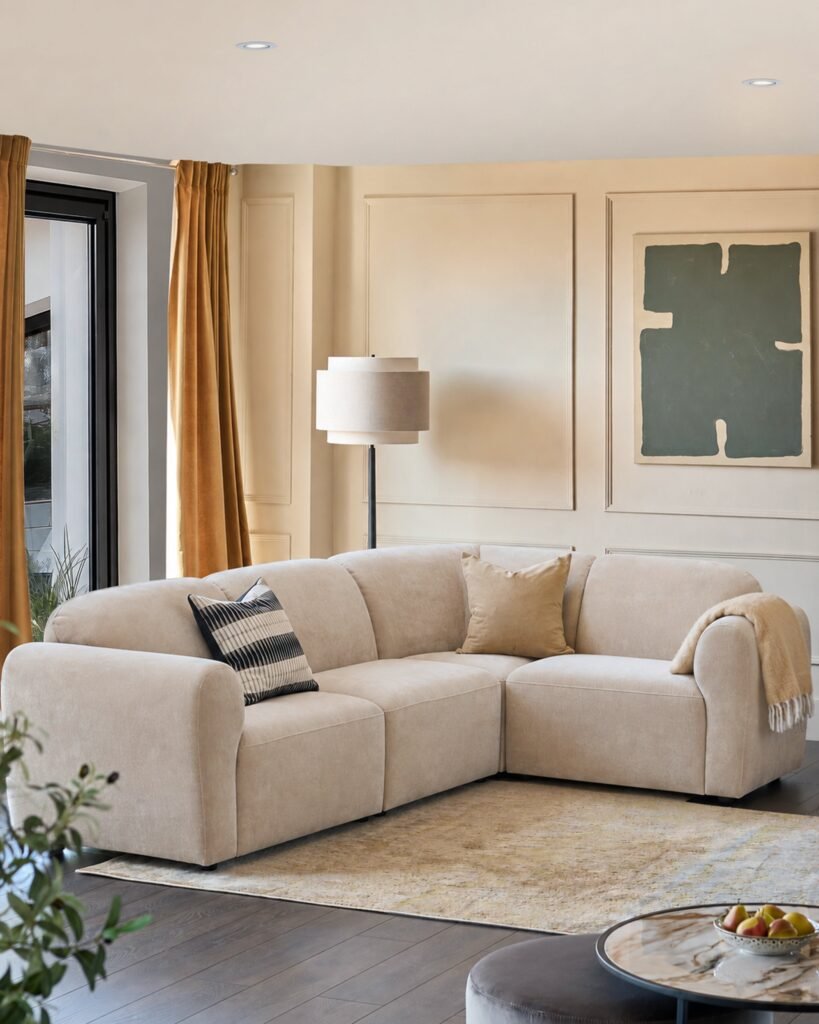 Penny champagne fabric small corner sofa – Dusk England Front