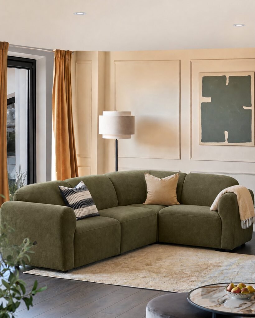 Dusk Penny dark green fabric small corner sofa Front