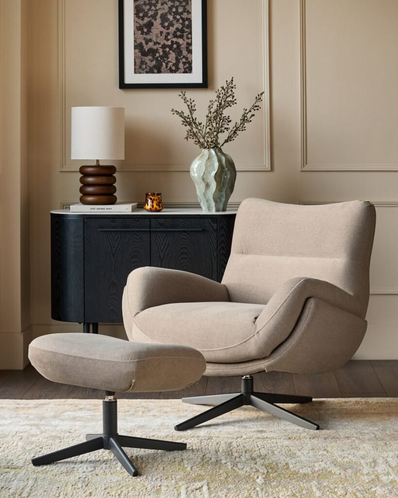 Piper mocha plush fabric Dusk Scotland occasional chair with footstool Front