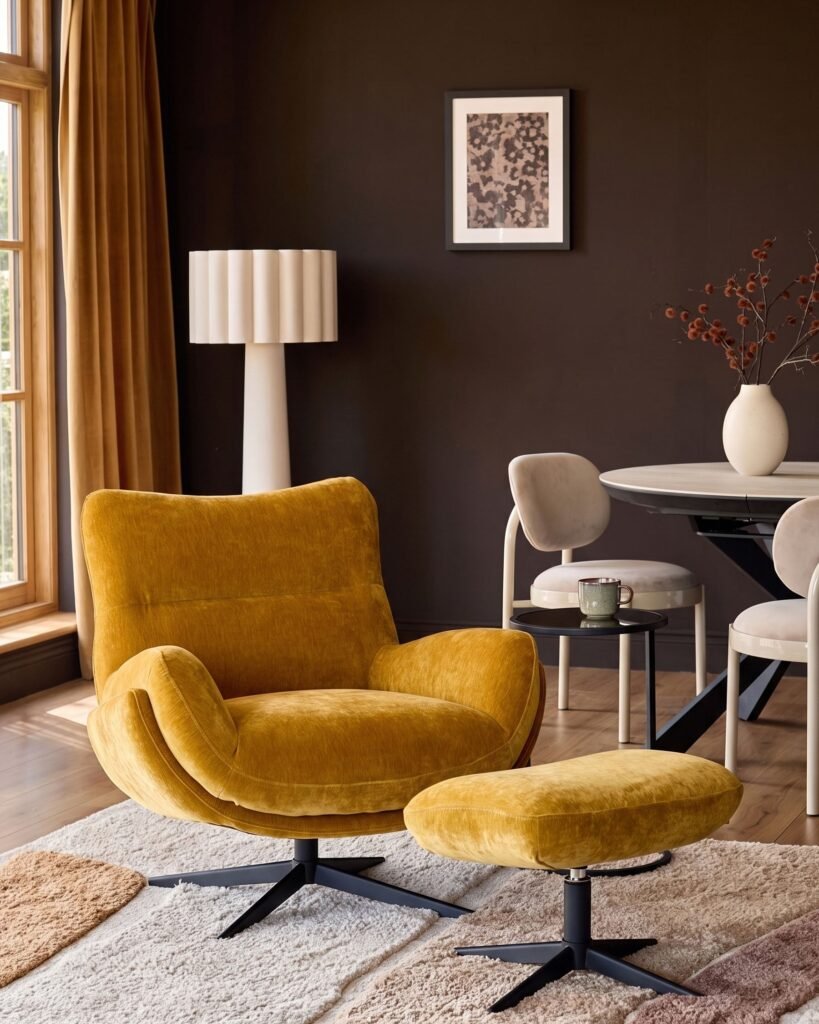 Piper ochre fabric Dusk Scotland occasional chair with footstool Front
