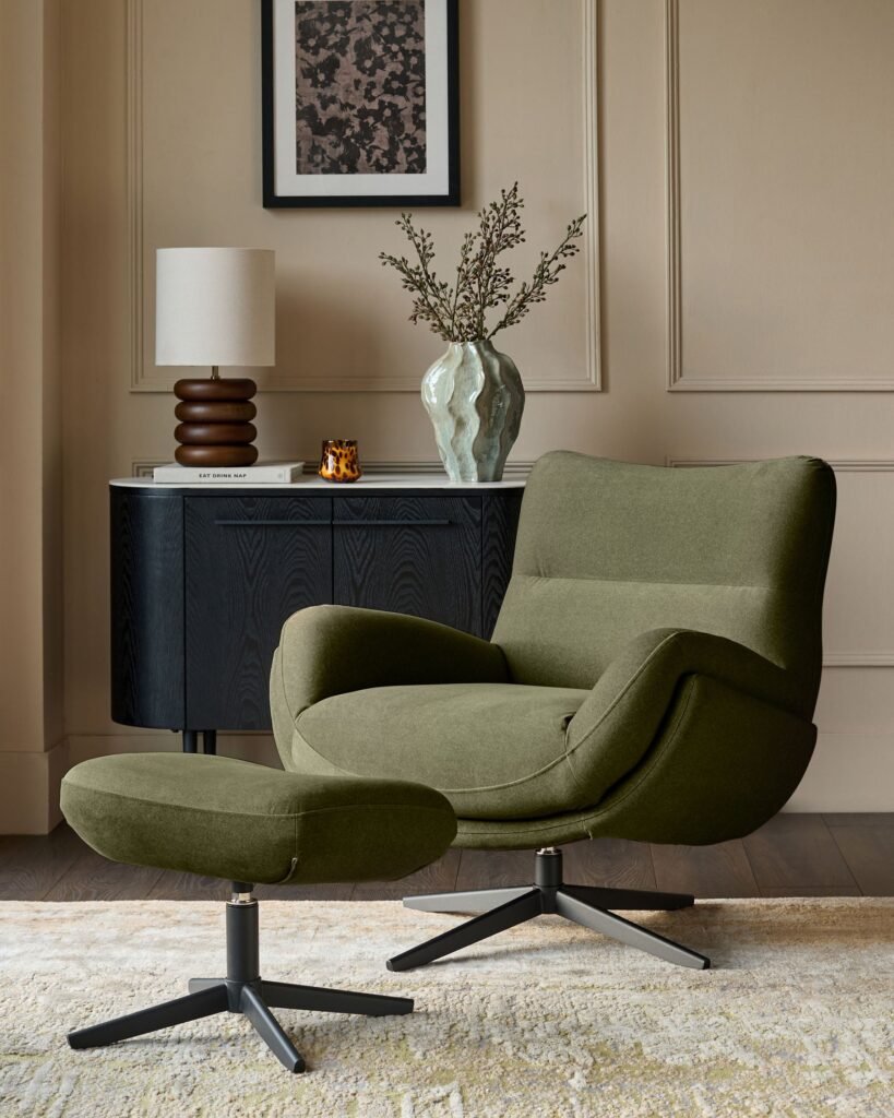 Piper olive green velvet Dusk England swivel occasional chair with footstool Front