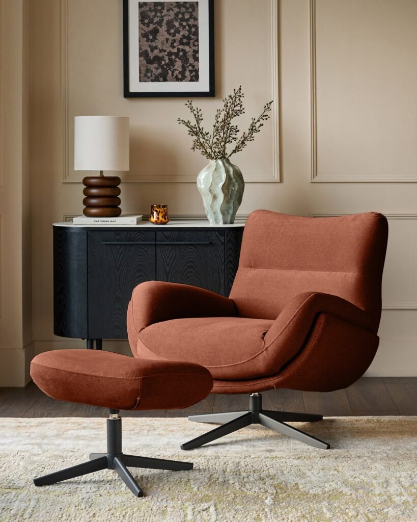 Piper toffee red fabric Dusk England swivel occasional chair with footstool Front