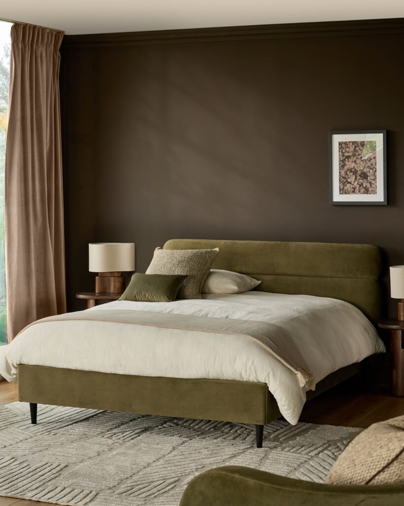 Dusk England Preston olive green velvet king size bed Front