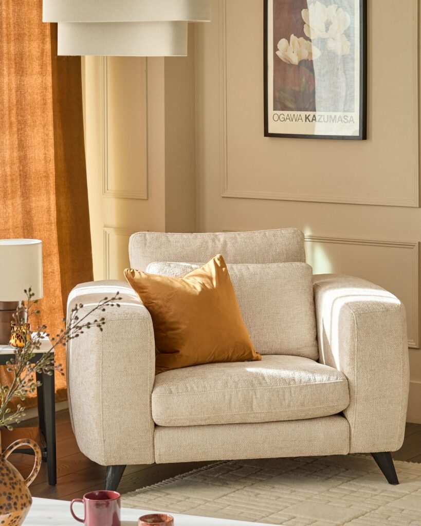 Dusk Quinn natural fabric dark wood armchair Front
