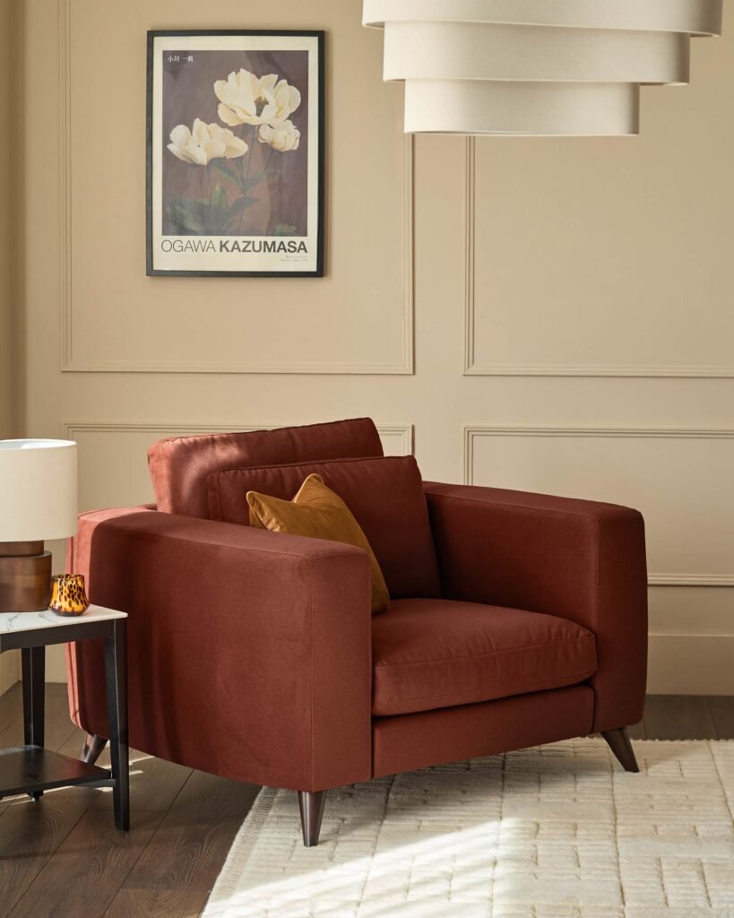 Quinn toffee red plush fabric black wood armchair – Dusk Front