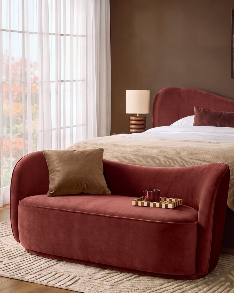 Rhiannon toffee red velvet accent sofa – Dusk England Front