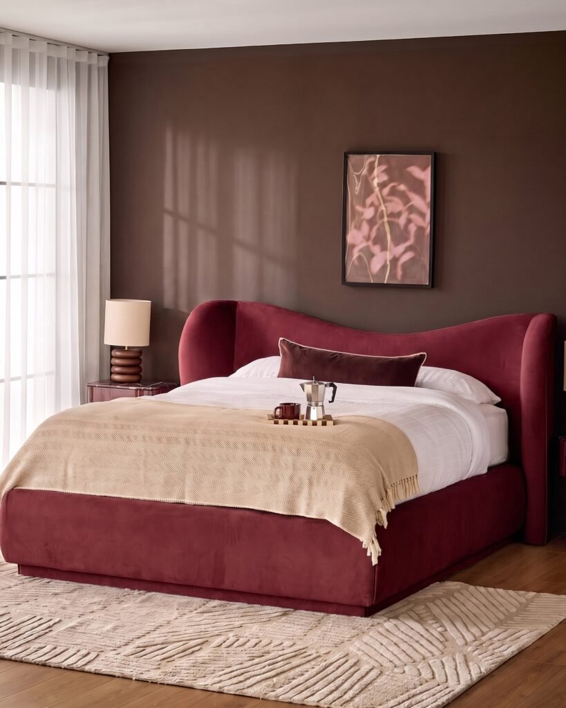 Rhiannon toffee red velvet king size ottoman storage bed – Dusk Scotland Front