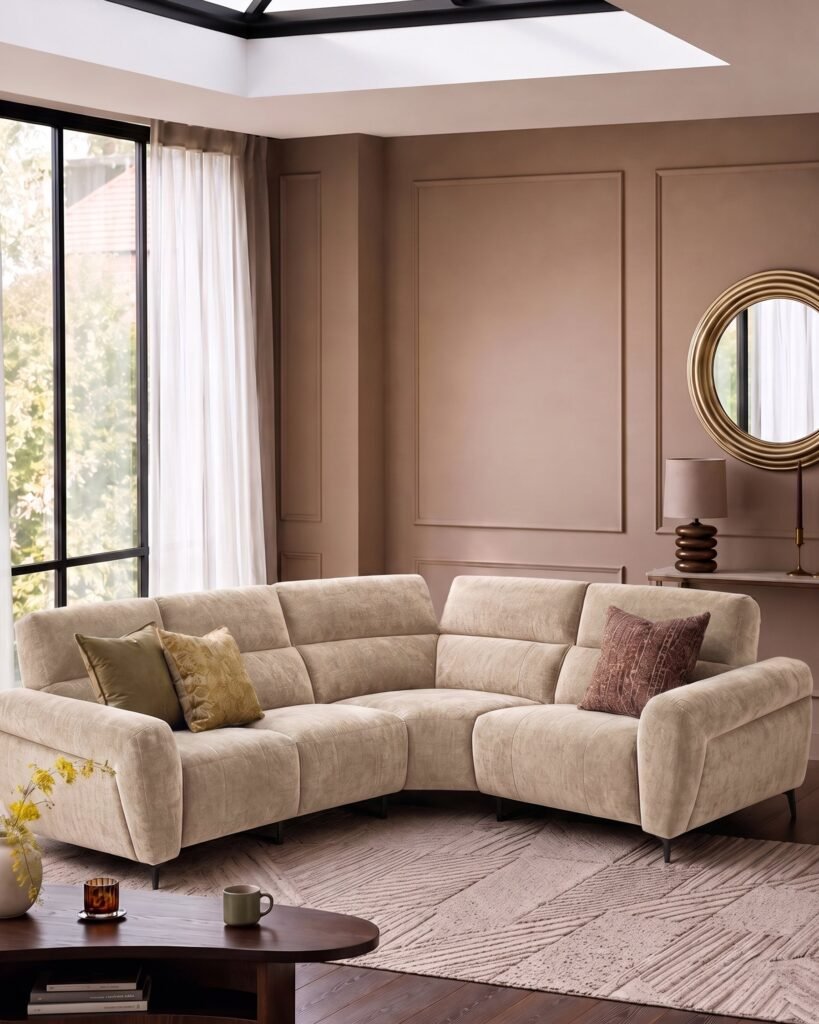Dusk Scotland Rhys champagne chenille right hand facing small corner sofa Front