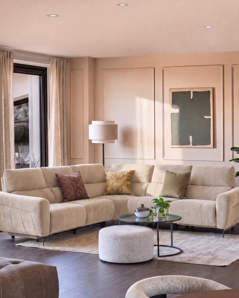 Rhys champagne chenille Dusk large corner sofa Front