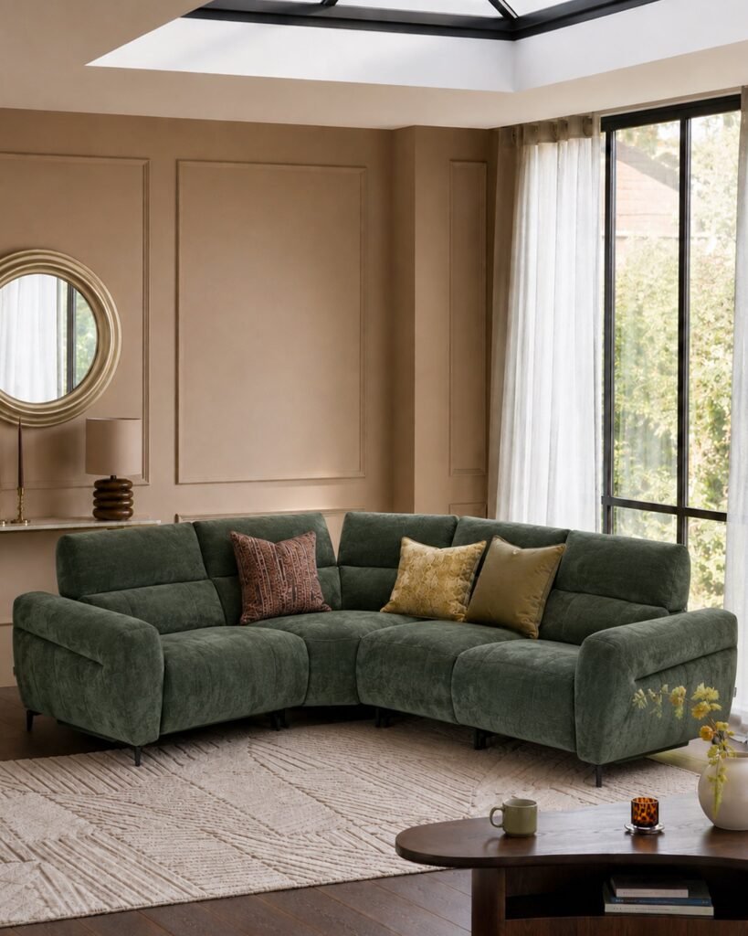 Rhys dark green chenille left hand facing small corner sofa – Dusk England Front