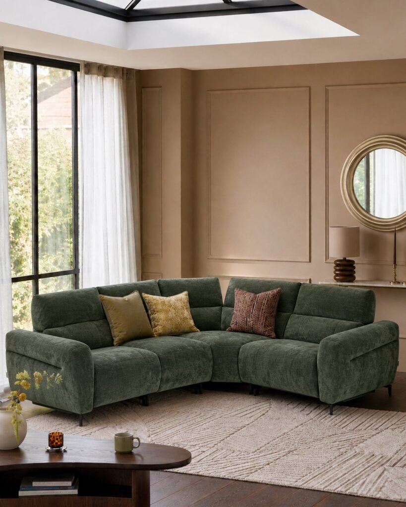 Rhys dark green chenille right Dusk hand facing small corner sofa Front