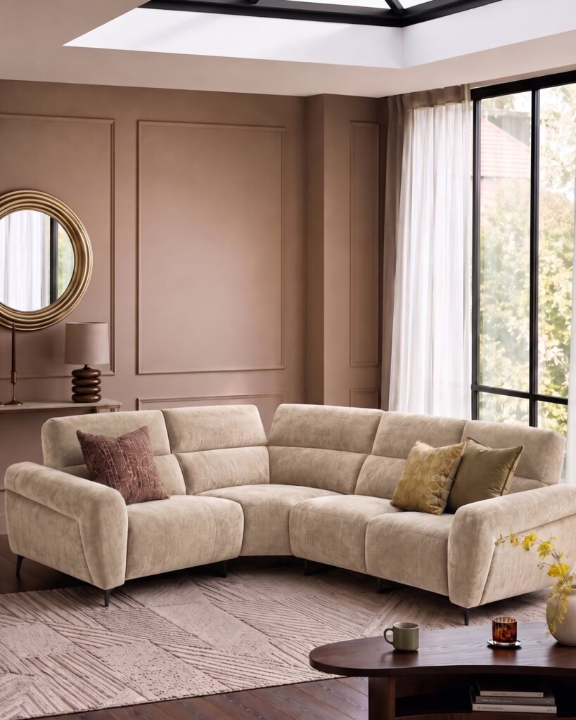 Rhys champagne chenille left hand facing small corner sofa – Dusk England Front
