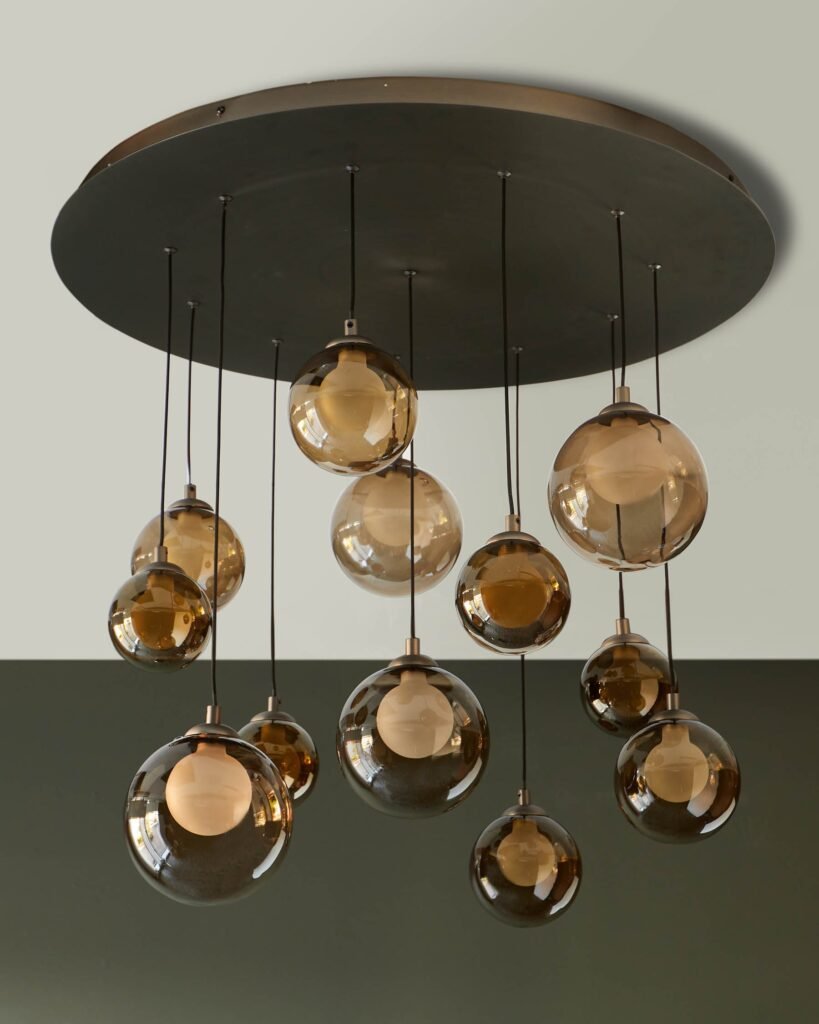 Riley mocha glass 12 Dusk Scotland LED light adjustable drop pendant Front