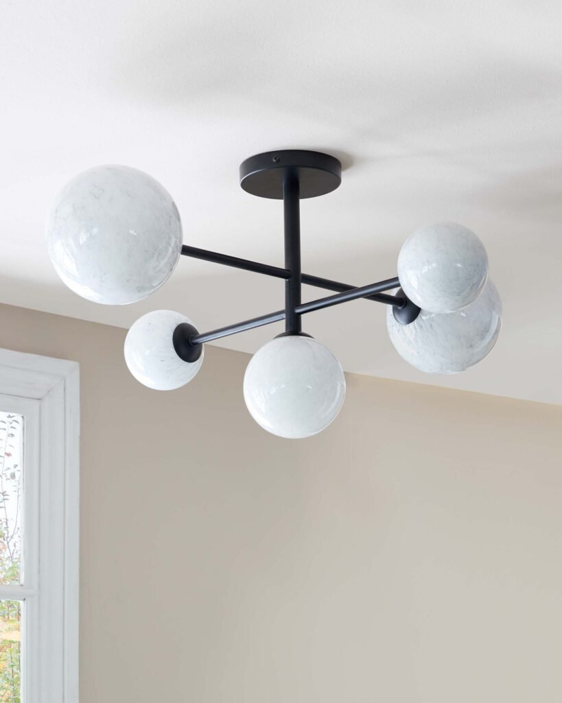 Riley Black Semi Flush Pendant Light with Marble Look Glass – Dusk Front