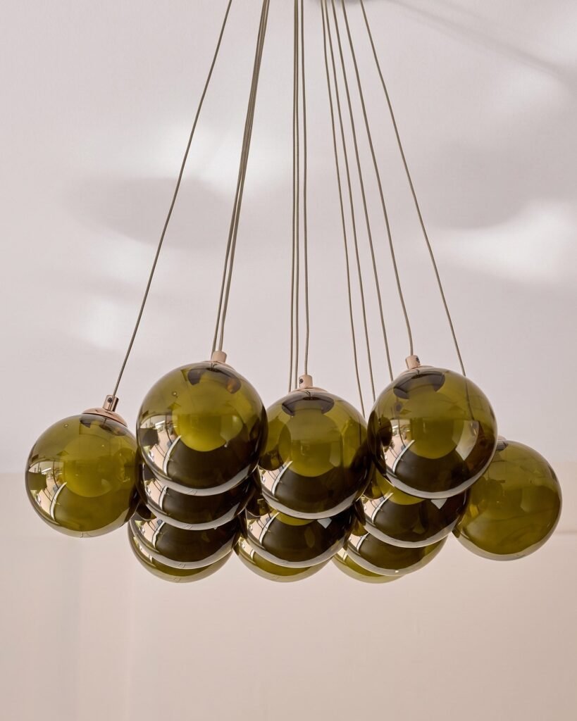 Riley olive green glass cluster drop pendant light – Dusk Scotland Front