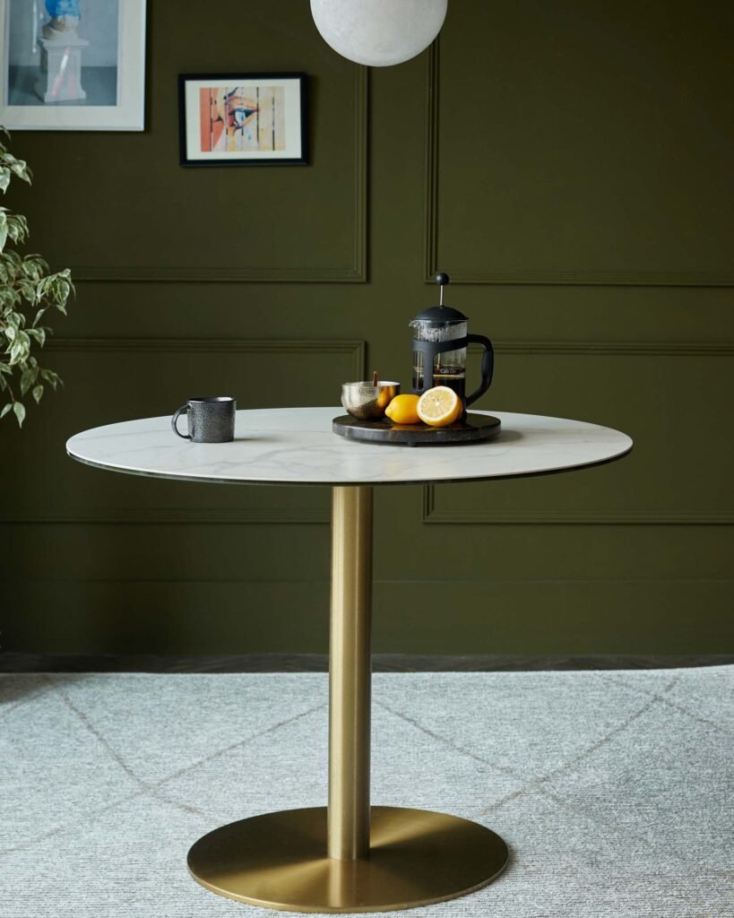 Romeo White Marbled Ceramic and Brass Pedestal 4 Seater Dining Table – Dusk Front