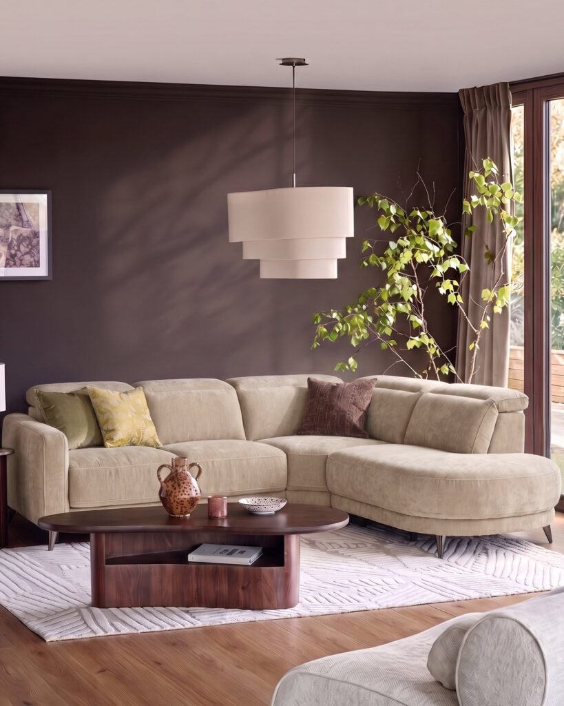 Rosa champagne chenille right Dusk hand corner chaise sofa Front