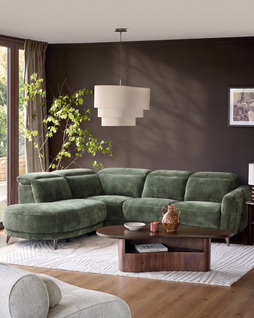 Dusk Rosa dark green chenille left hand corner chaise sofa Front