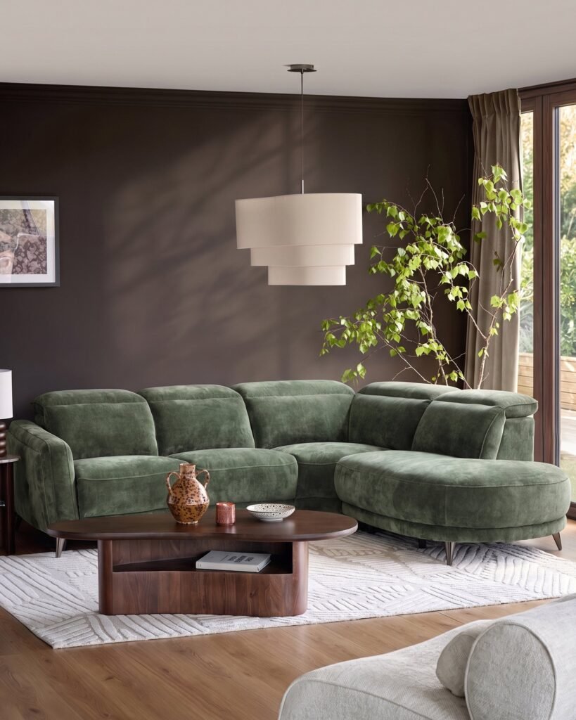 Dusk England Rosa dark green chenille right hand corner chaise sofa Front