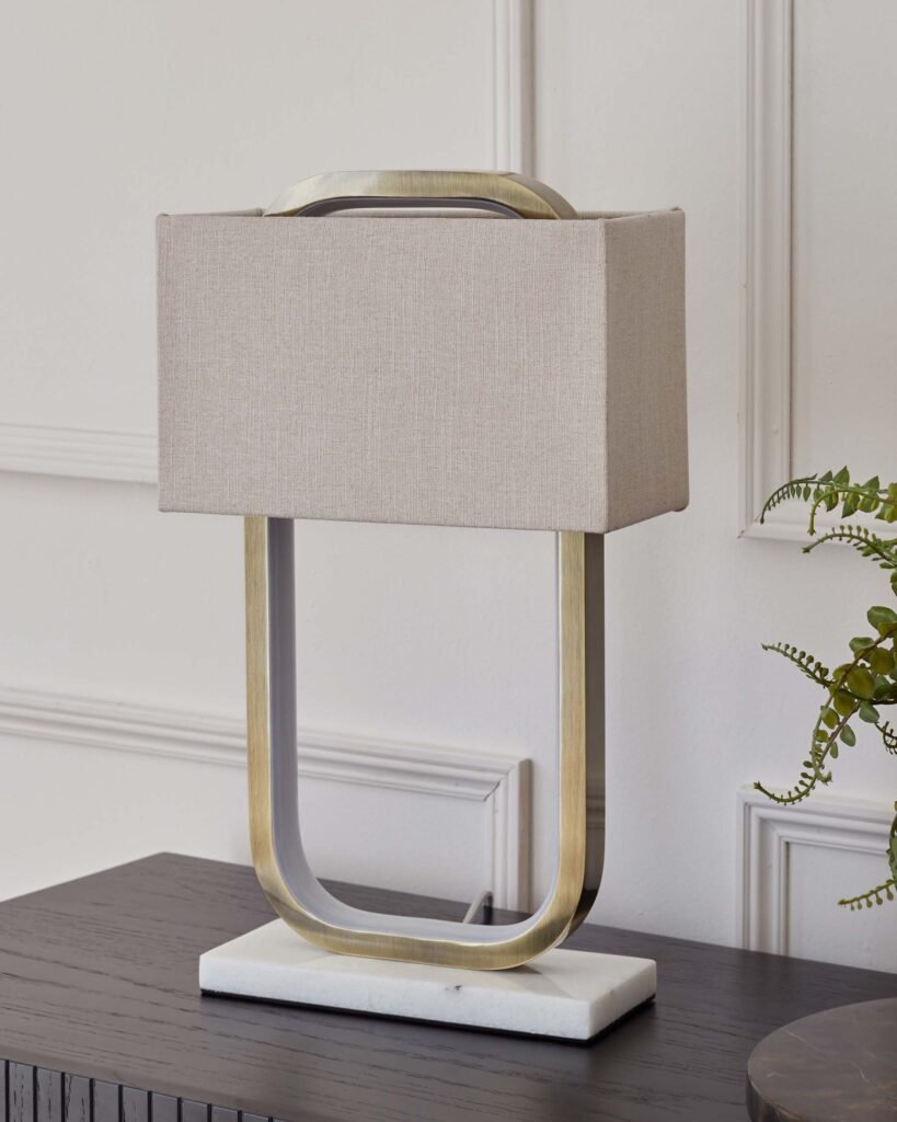 Sanza Brushed Brass Table Lamp with Natural Linen Shade – Dusk Scotland Front