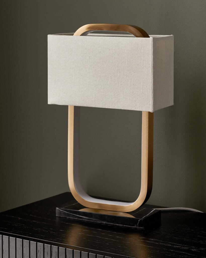 Dusk Scotland Sanza natural linen and brushed bronze table lamp Front