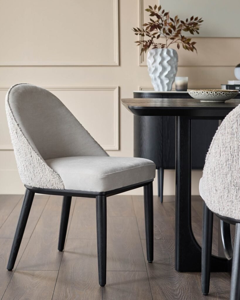 Scarlett cream boucle and natural grey chenille dining chair – Dusk England Front