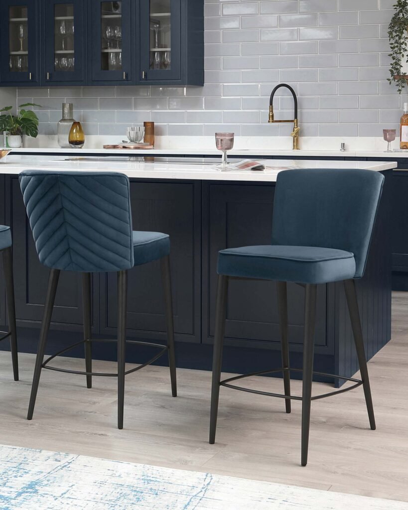 Serena Dark Blue Dusk England Velvet Bar stool Front