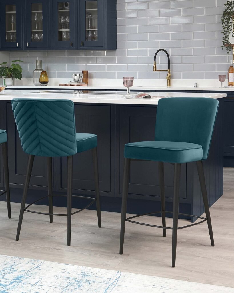 Serena Dark Teal Velvet Bar Stool With Black Metal Leg – Dusk England Front