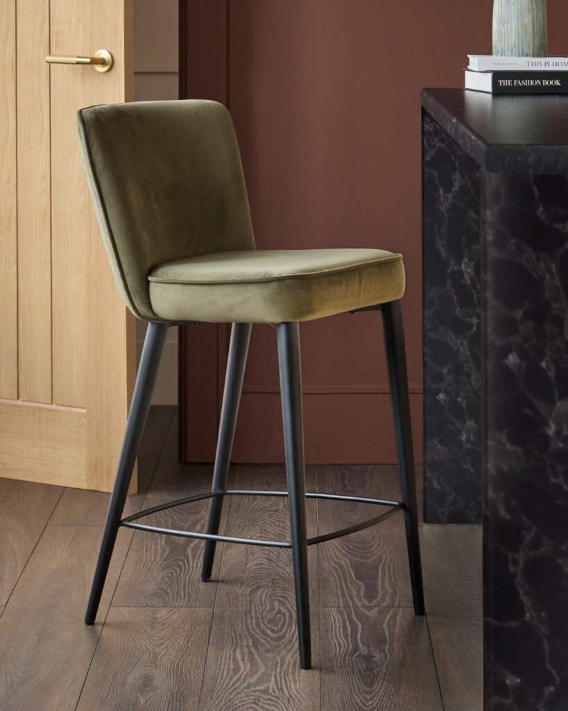 Serena olive green velvet bar stool – Dusk Front