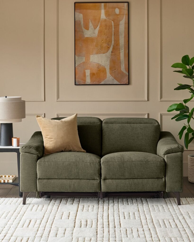 Serene dark green fabric 2 seater recliner sofa – Dusk Scotland Front