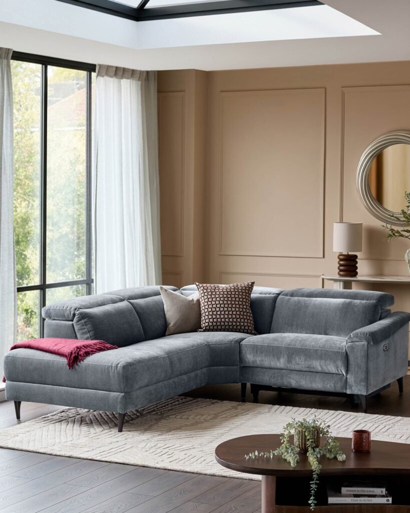 Dusk Scotland Serene blue grey fabric small left hand corner chaise recliner sofa Front