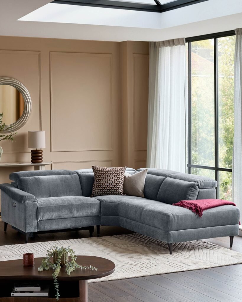 Serene blue grey fabric small Dusk England right hand corner chaise recliner sofa Front