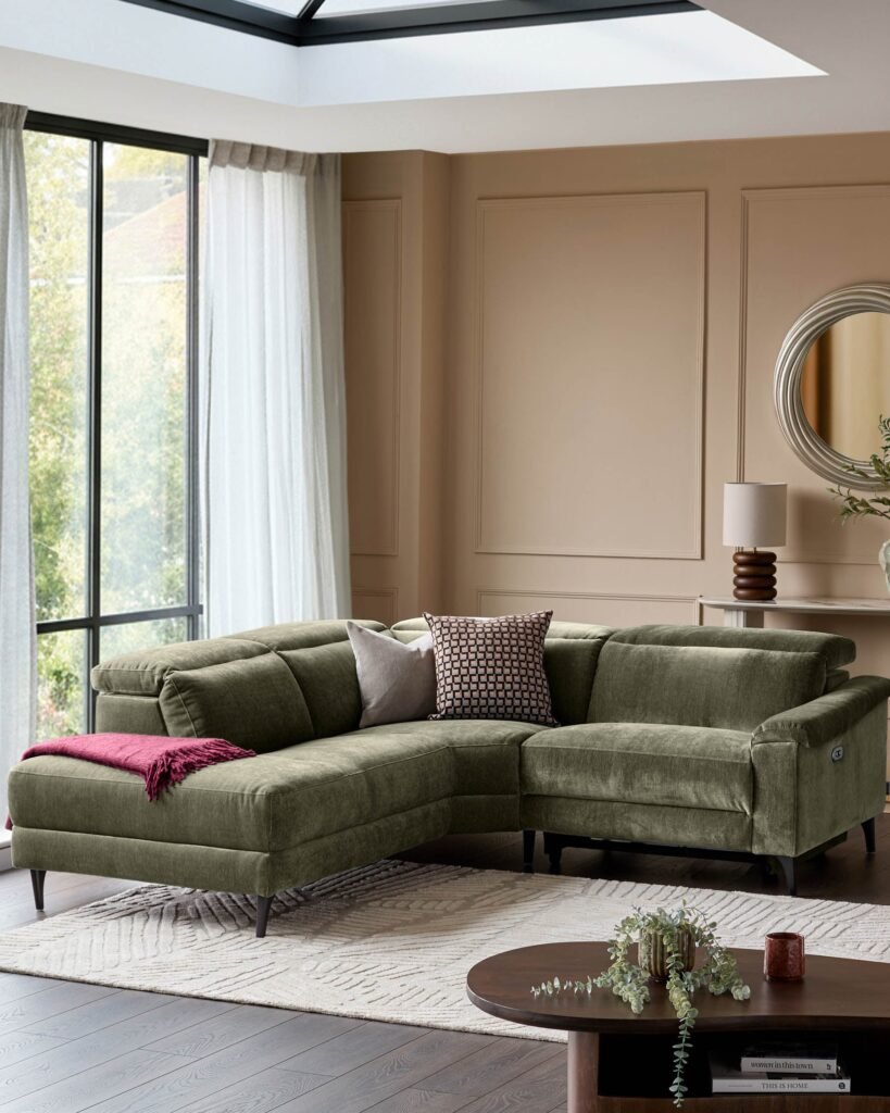 Dusk Serene dark green fabric small left hand corner chaise recliner sofa Front