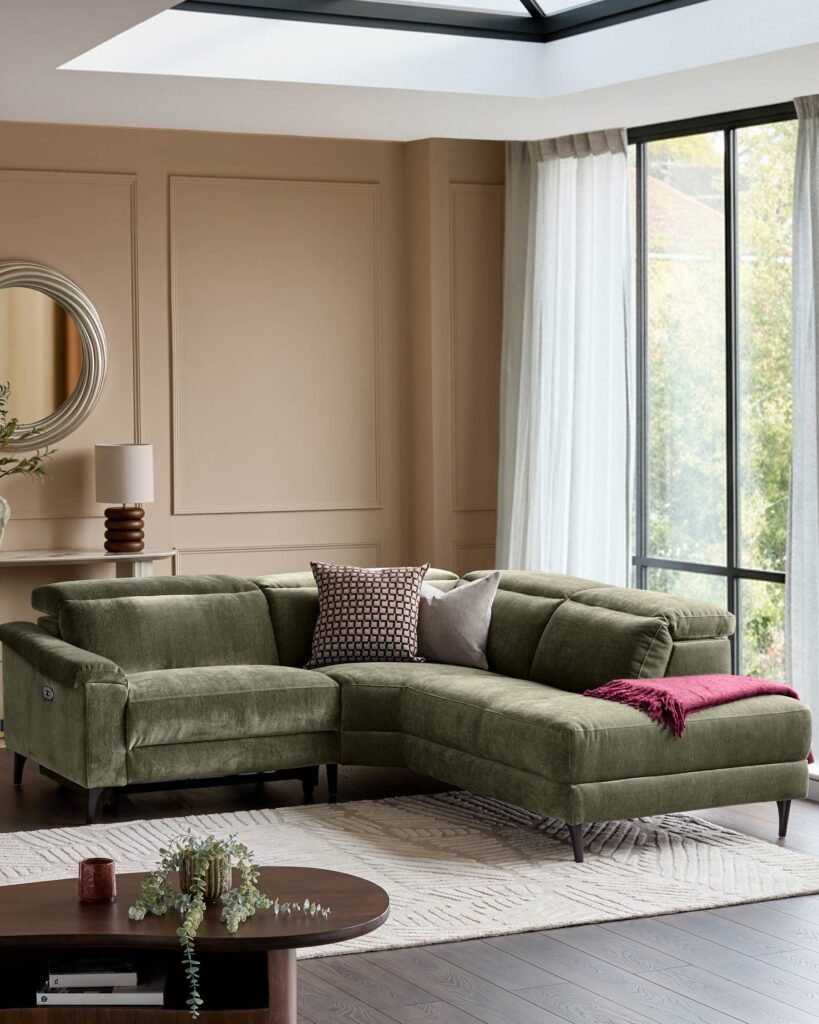 Serene dark green fabric small right hand corner chaise recliner sofa – Dusk Scotland Front