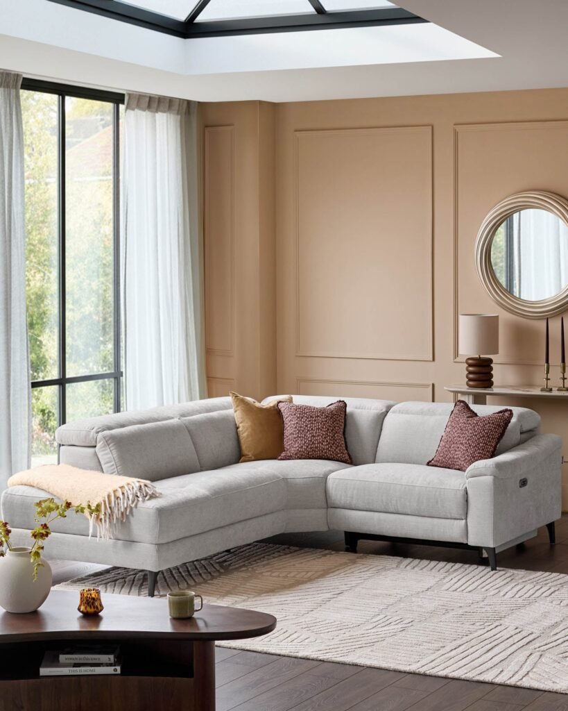Serene light grey fabric small Dusk left hand corner chaise recliner sofa Front