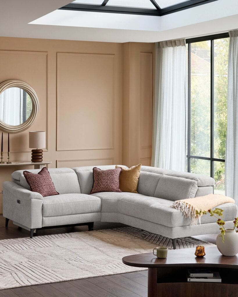 Serene light grey fabric small right hand corner chaise recliner sofa – Dusk Scotland Front