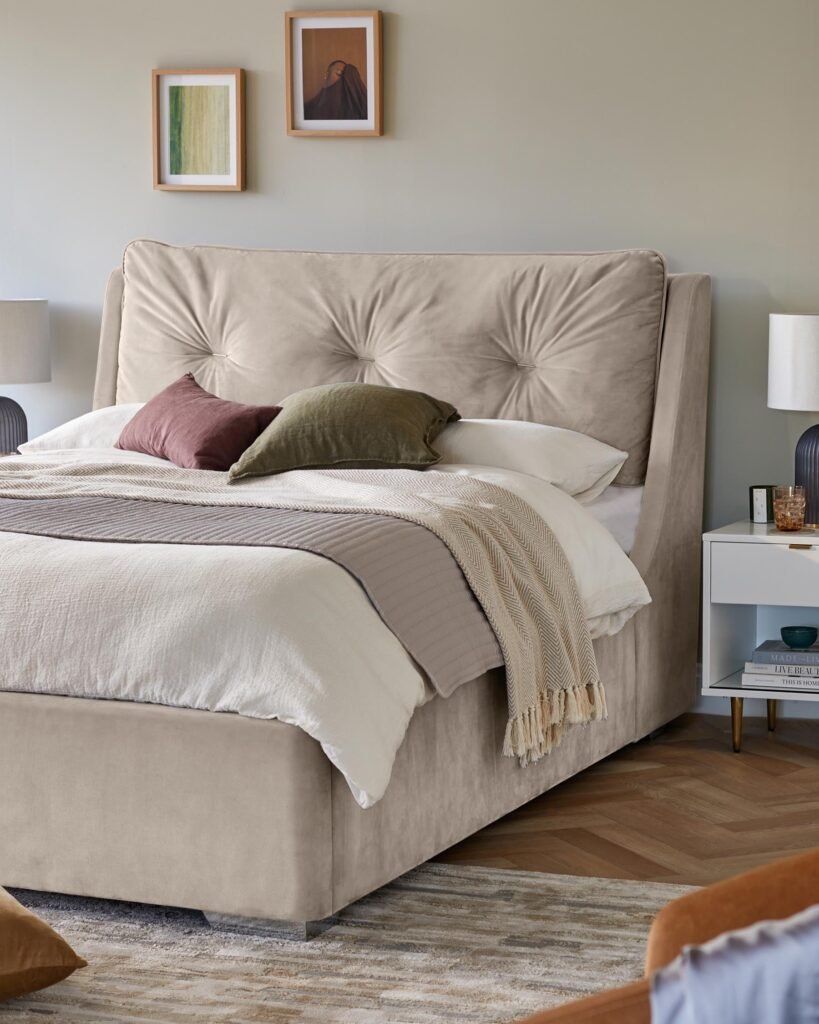 Siesta Champagne Velvet King Size Ottoman Storage Bed – Dusk Front