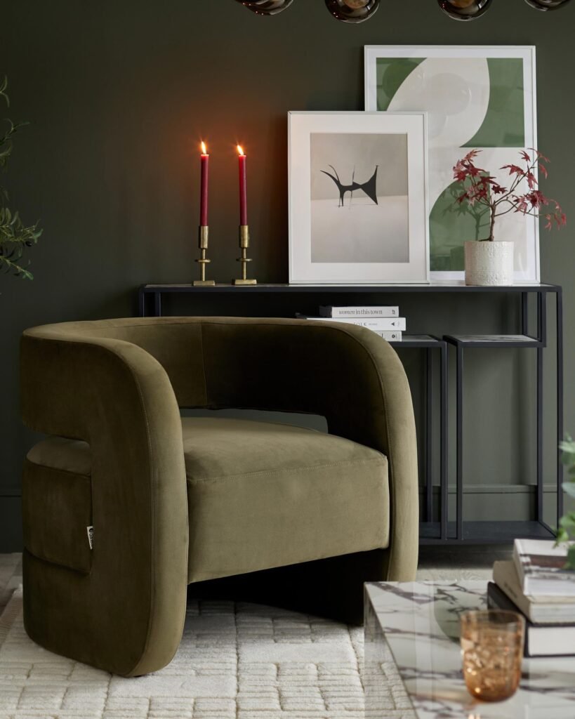 Silas olive green Dusk Scotland velvet accent chair Front