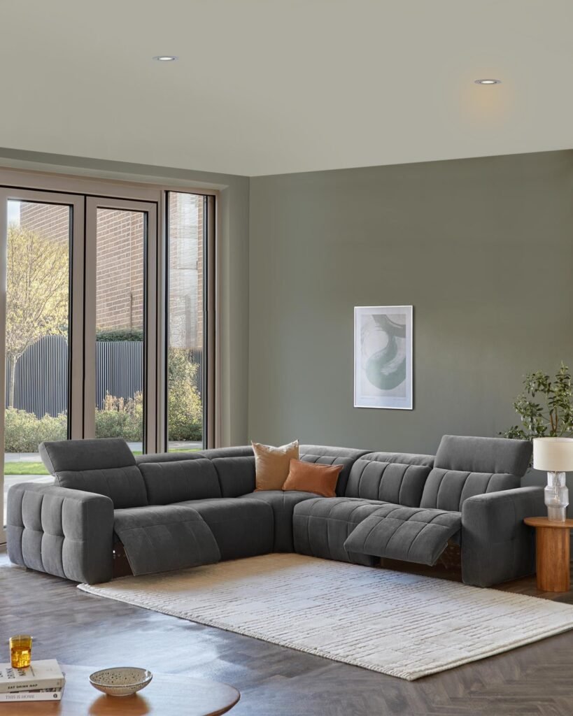 Skye dark grey fabric Dusk large corner recliner sofa Front