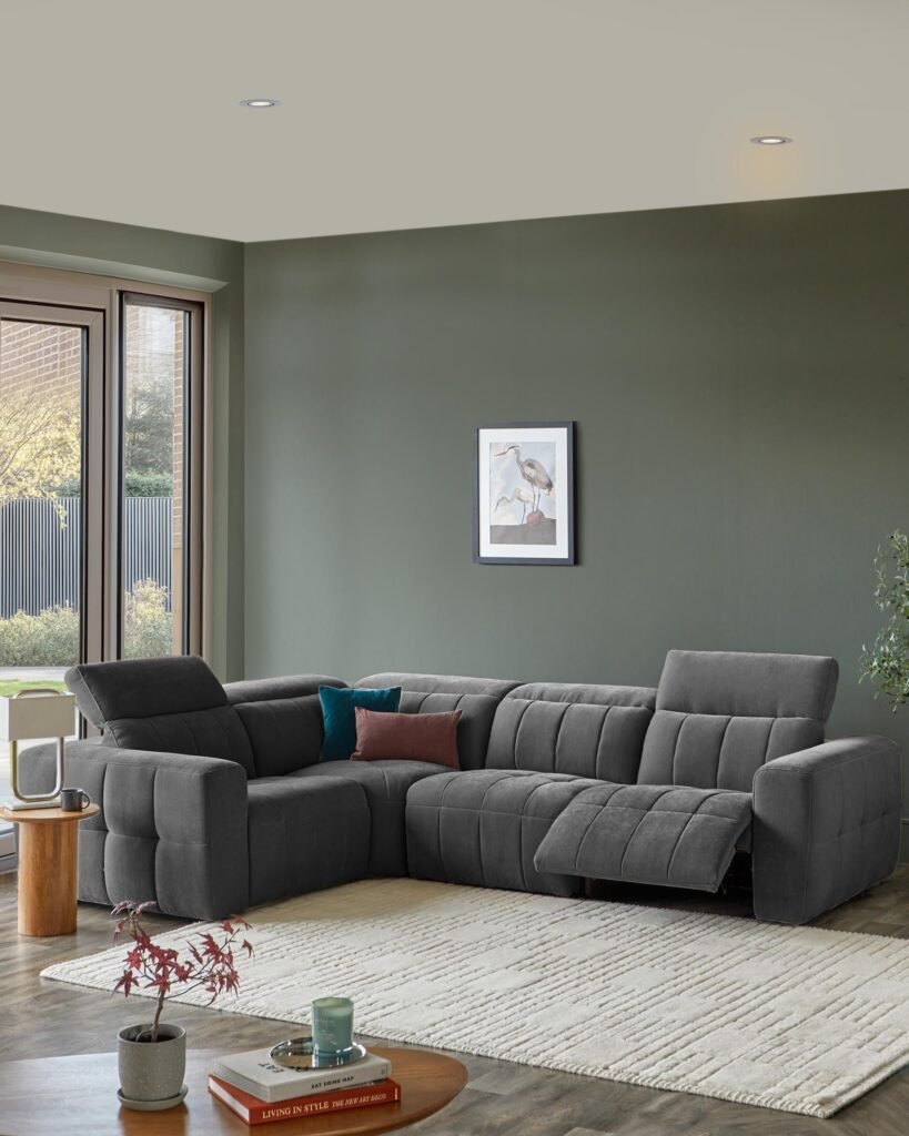 Skye dark grey fabric small corner recliner sofa – Dusk Front
