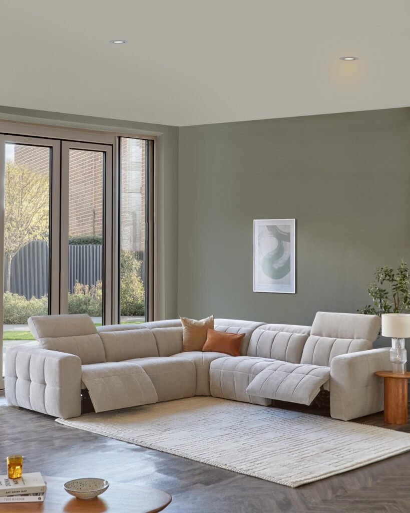 Skye light grey fabric large corner recliner sofa – Dusk Scotland Front