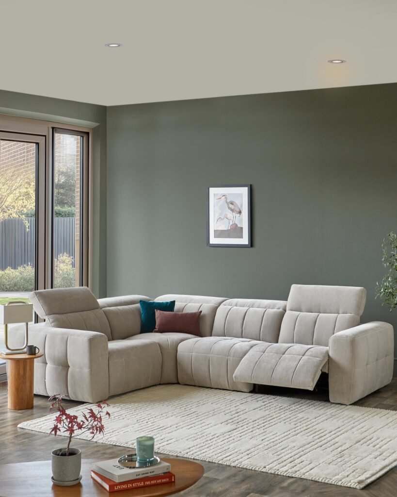 Dusk Scotland Skye light grey fabric small corner recliner sofa Front