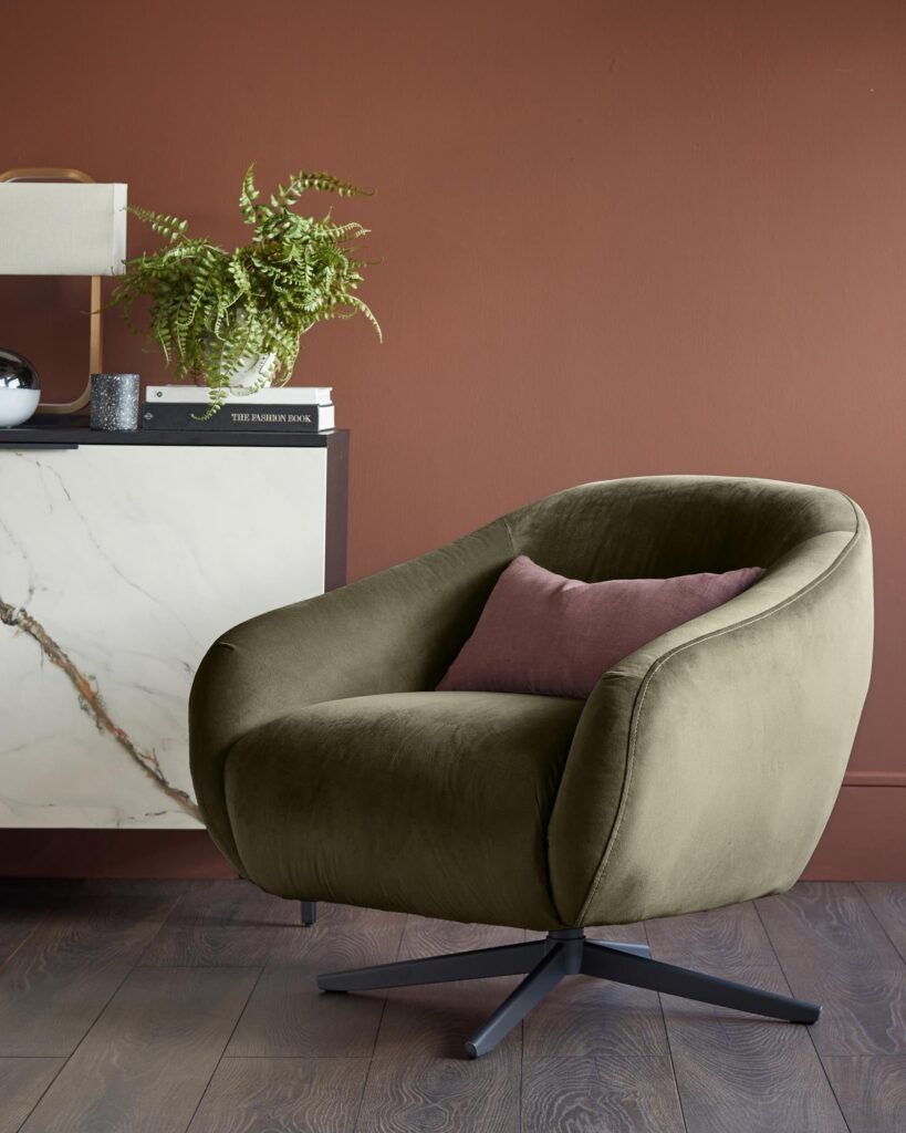 Soren olive green velvet swivel accent chair – Dusk Front