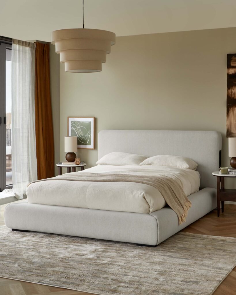 Taylor ivory dual tone fabric king ottoman storage bed – Dusk Front