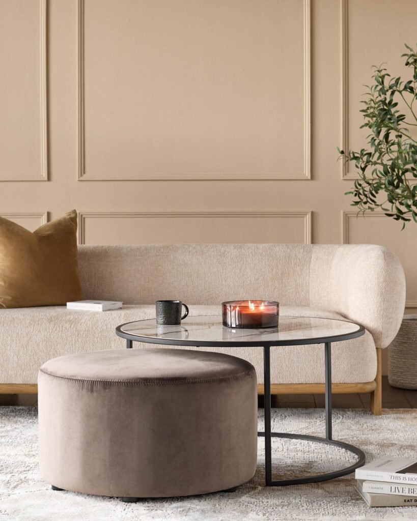 Thea natural ceramic coffee table and mocha velvet pouffe set – Dusk Front