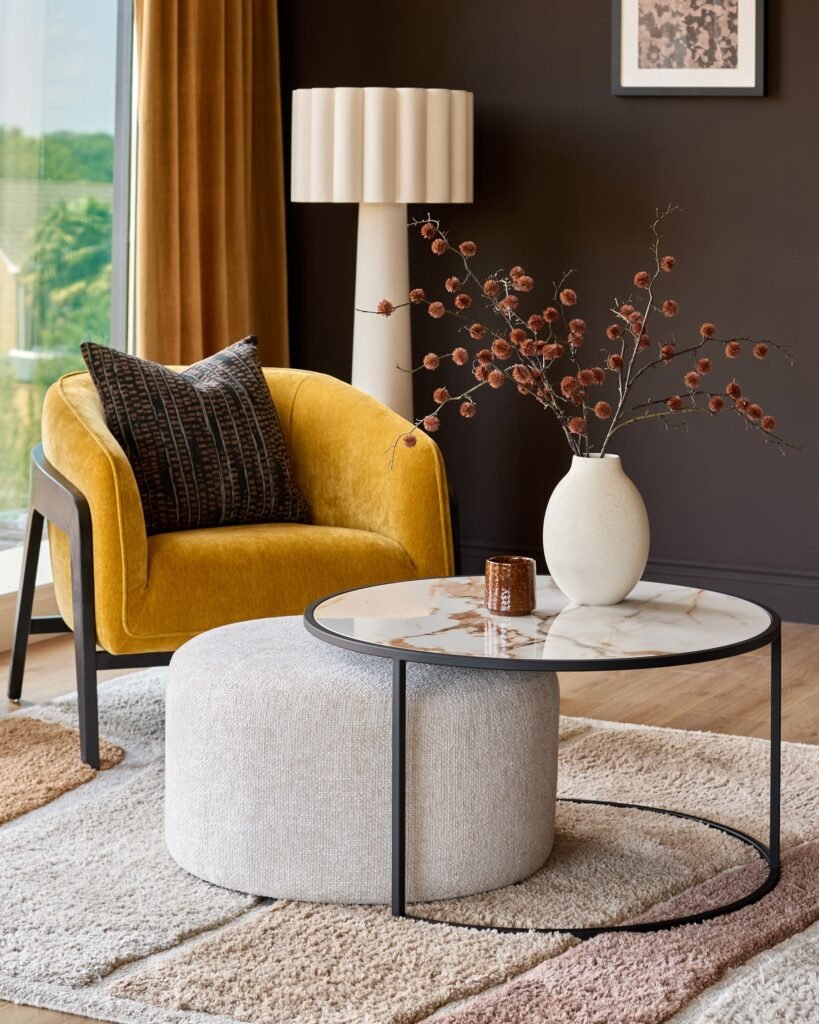 Dusk Thea natural ceramic coffee table and natural fabric pouffe set Front