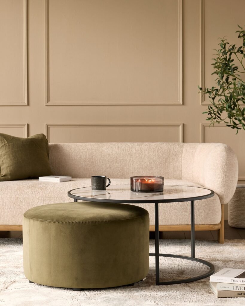 Thea natural ceramic coffee table and olive green velvet pouffe set – Dusk Scotland Front